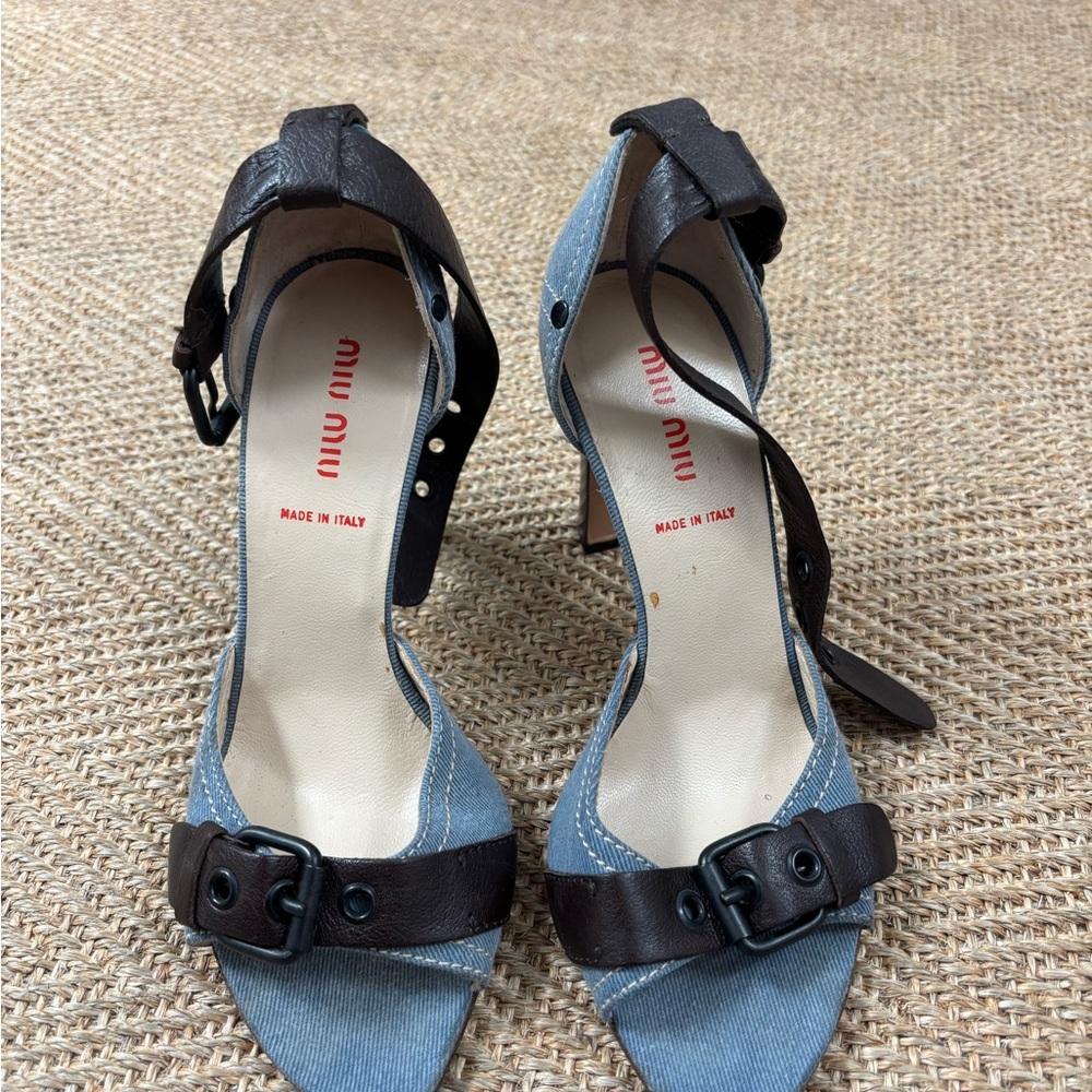 Miu Miu Blue Jean and Brown Leather Heels with Ankle Straps